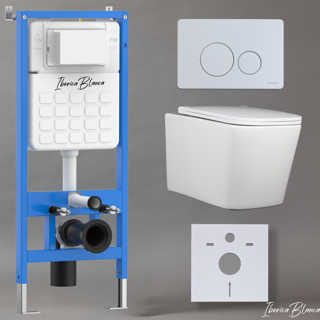 Комплект 3в1 IBERICA BLANCA инсталляция SILENCIO, унитаз TOLEDO ALTO белый, кнопка смыва INOX-O белый матовый (IB001.TLA.234.811)