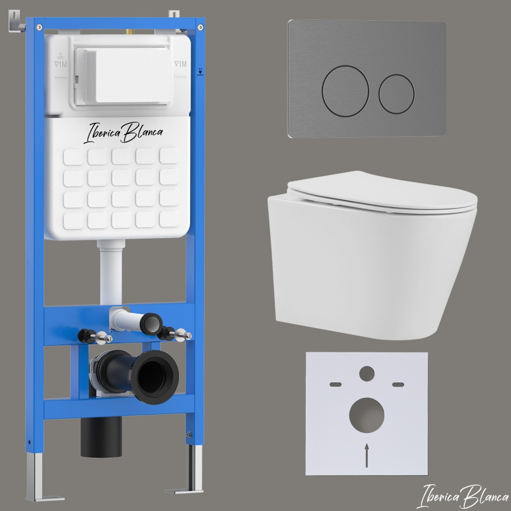 Комплект 3в1 IBERICA BLANCA инсталляция SILENCIO, унитаз BURGOS ALTO белый, кнопка смыва INOX-О вороненая сталь (IB001.BRA.234.8180)