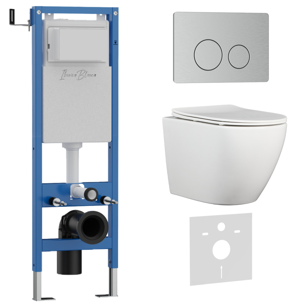 Комплект 3в1 IBERICA BLANCA инсталляция SILENCIO MINI, унитаз BILBAO ALTO белый, кнопка смыва INOX-O хром матовый (IB.001M.BLA.234.8132)
