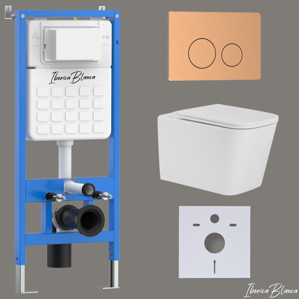 Комплект 3в1 IBERICA BLANCA инсталляция SILENCIO, унитаз TOLEDO ALTO белый, кнопка смыва INOX-О розовое золото матовое (IB001.TLA.234.8172)