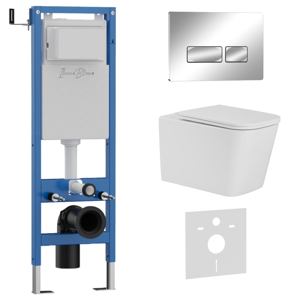 Комплект 3в1 IBERICA BLANCA инсталляция SILENCIO MINI, унитаз TOLEDO ALTO белый, кнопка смыва ESTI-R хром глянцевый (IB.001M.TLA.234.213)