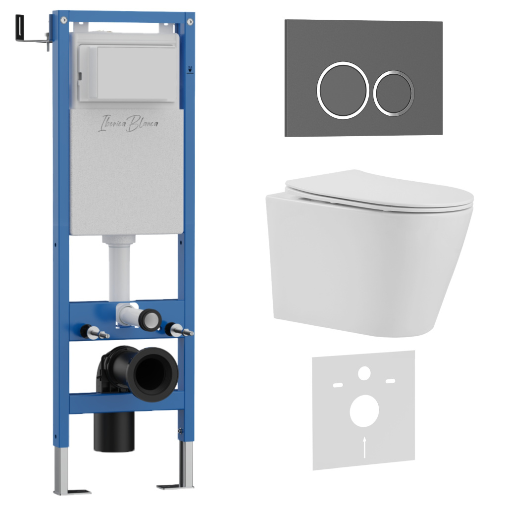 Комплект 3в1 IBERICA BLANCA инсталляция SILENCIO MINI, унитаз BURGOS ALTO белый, кнопка смыва ESTI-O серый матовый (IB.001M.BRA.234.827)