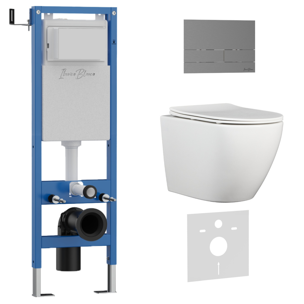 Комплект 3в1 IBERICA BLANCA инсталляция SILENCIO MINI, унитаз BILBAO ALTO белый, кнопка смыва INOX-S вороненая сталь (IB.001M.BLA.234.1602)
