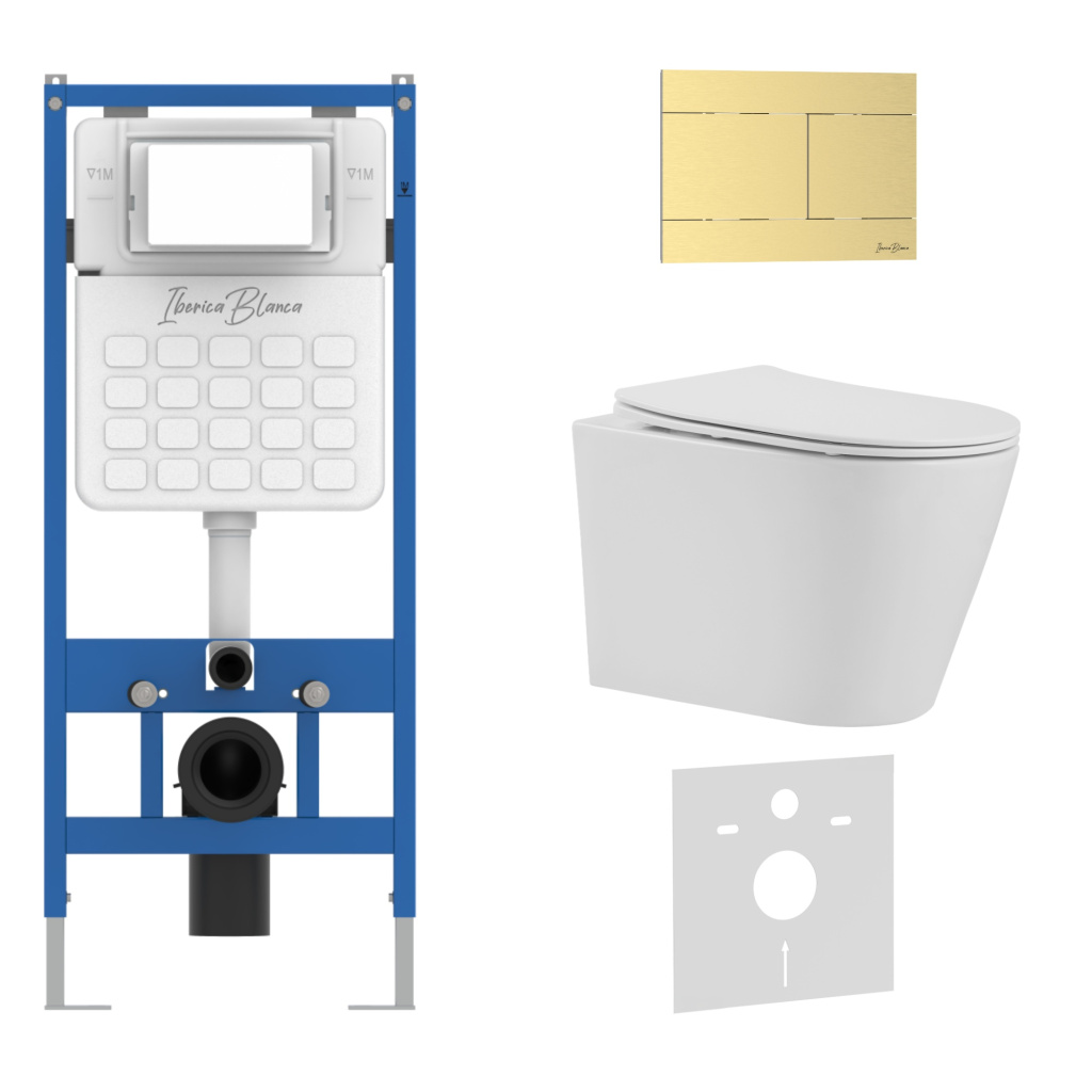 Комплект 3в1 IBERICA BLANCA инсталляция SILENCIO, унитаз BURGOS ALTO белый, кнопка смыва INOX-R золото матовое (IB001.BRA.234.1503)
