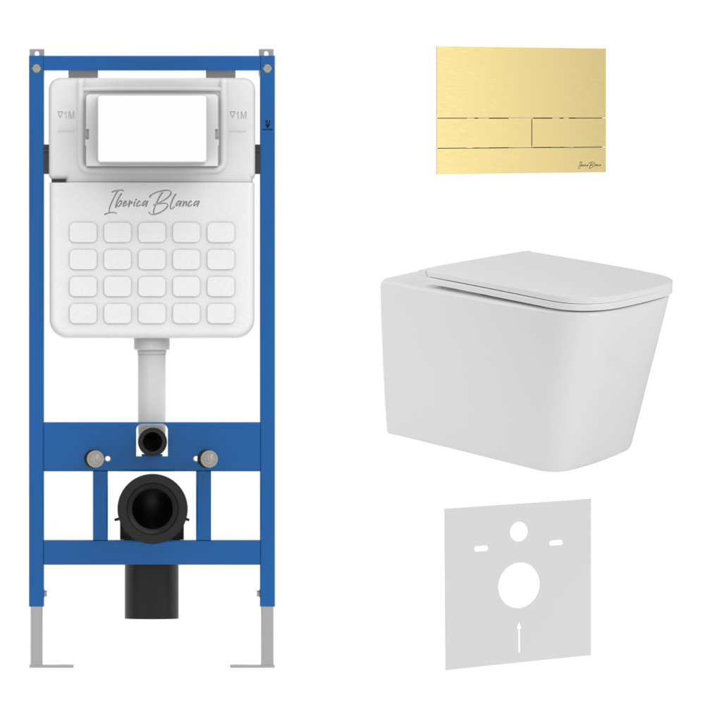 Комплект 3в1 IBERICA BLANCA инсталляция SILENCIO, унитаз TOLEDO ALTO белый, кнопка смыва INOX-S золото матовое (IB001.TLA.234.1603)