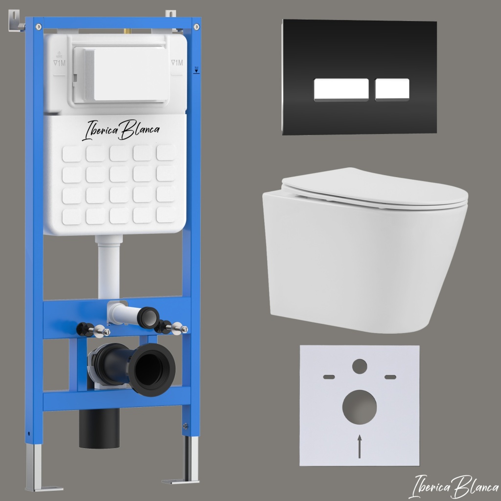 Комплект 3в1 IBERICA BLANCA инсталляция SILENCIO, унитаз BURGOS ALTO белый, кнопка смыва CRYSTAL-R черный глянцевый (IB001.BRA.234.2211)