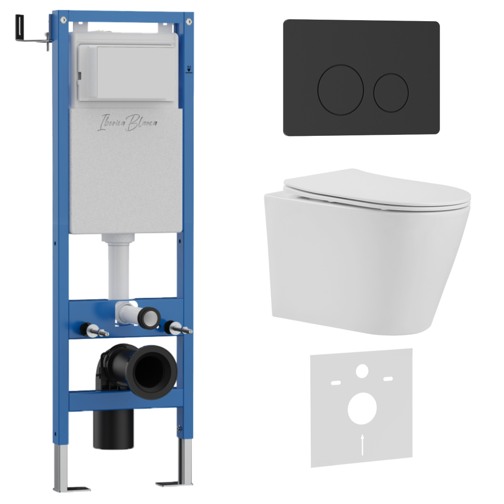 Комплект 3в1 IBERICA BLANCA инсталляция SILENCIO MINI, унитаз BURGOS ALTO белый, кнопка смыва INOX-O черный матовый (IB.001M.BRA.234.812)