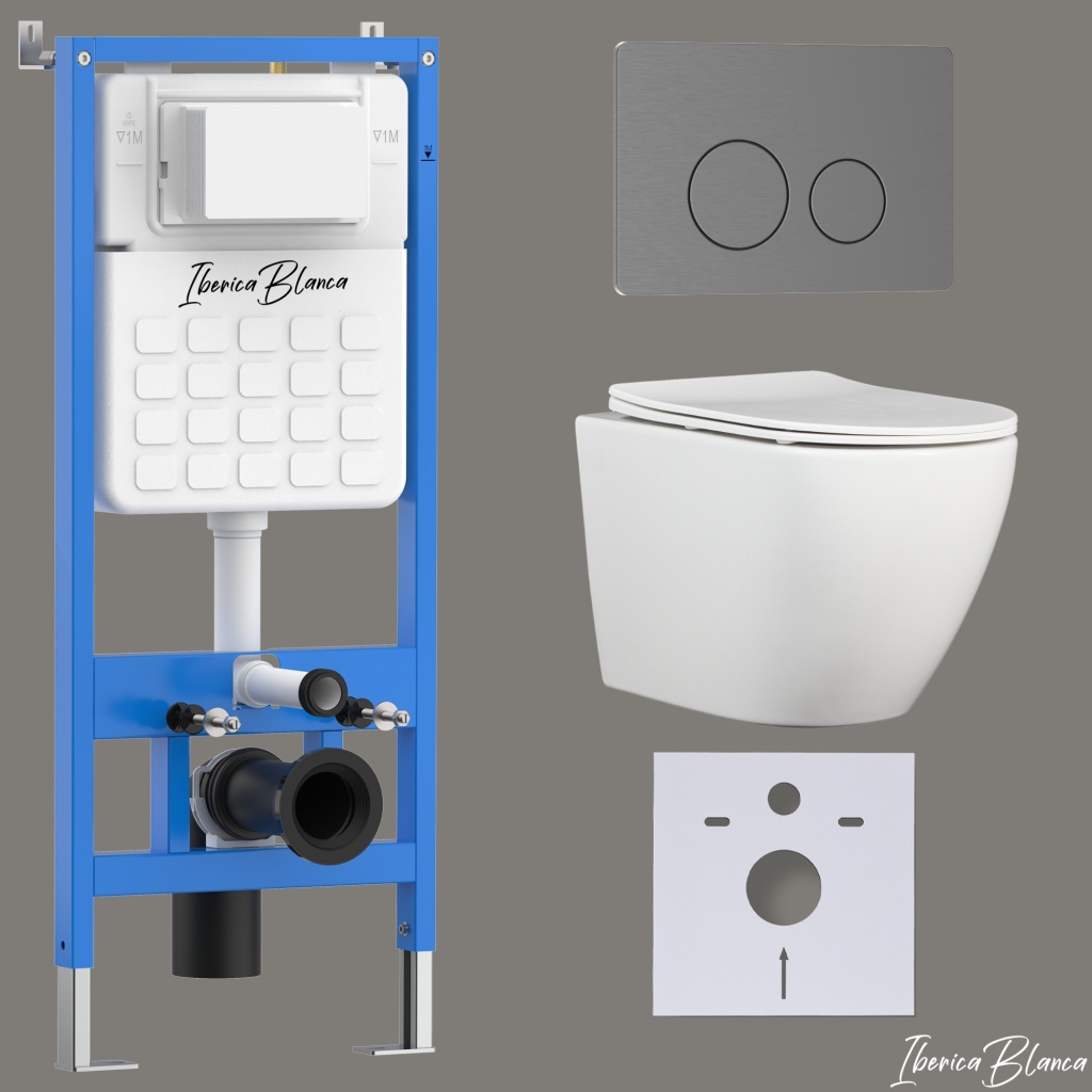 Комплект 3в1 IBERICA BLANCA инсталляция SILENCIO, унитаз BILBAO ALTO белый, кнопка смыва INOX-О вороненая сталь (IB001.BLA.234.8180)