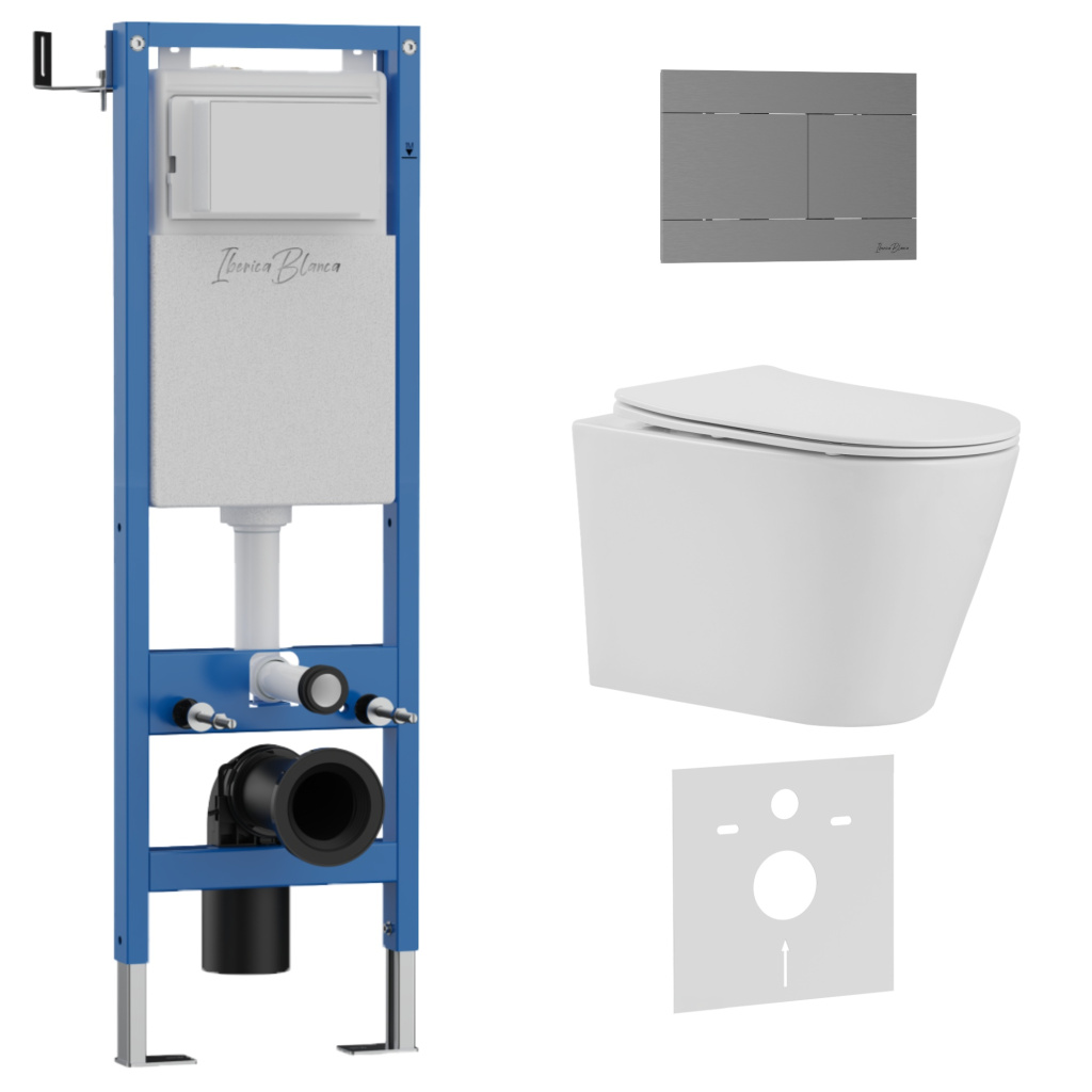 Комплект 3в1 IBERICA BLANCA инсталляция SILENCIO MINI, унитаз BURGOS ALTO белый, кнопка смыва INOX-R вороненая сталь (IB.001M.BRA.234.1502)