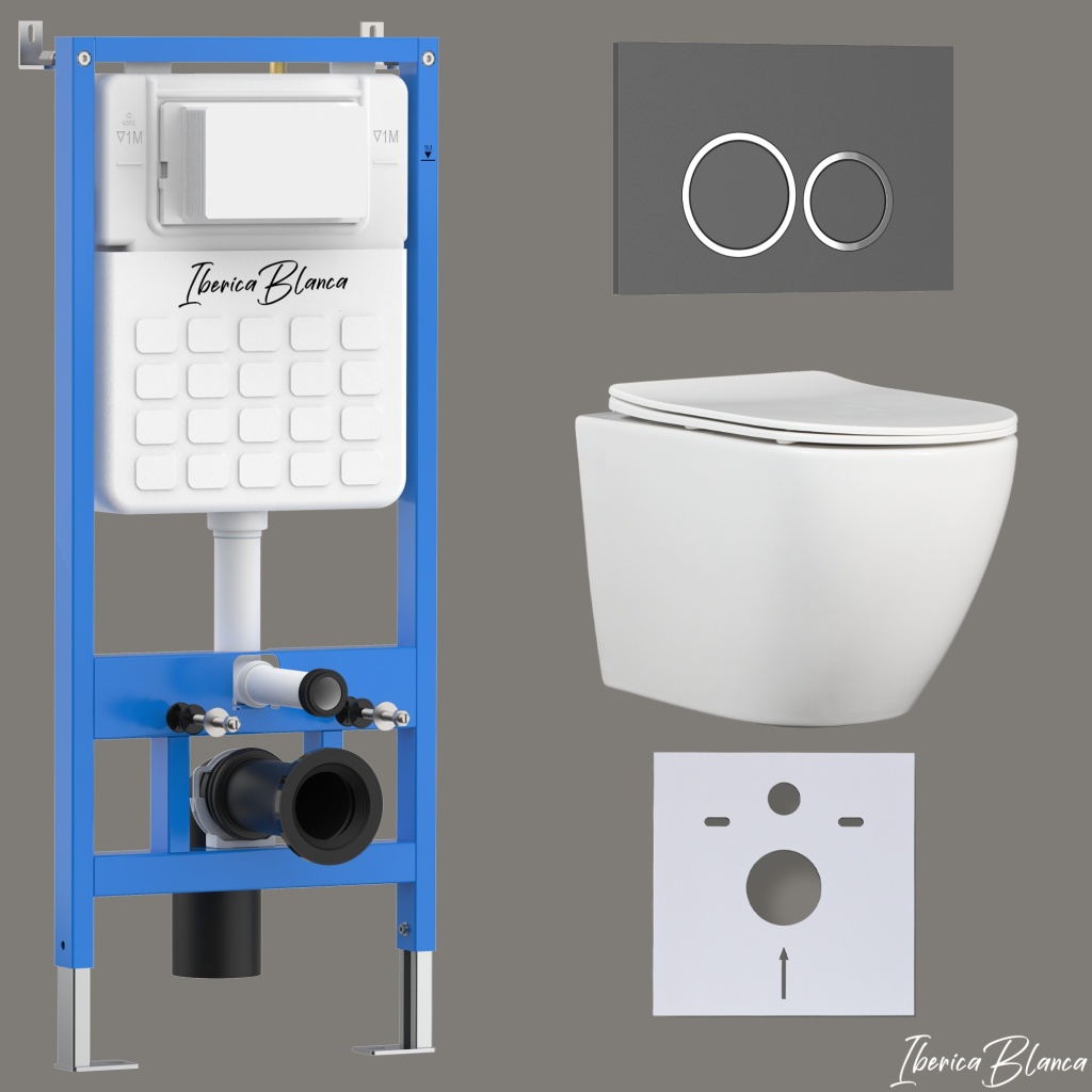 Комплект 3в1 IBERICA BLANCA инсталляция SILENCIO, унитаз BILBAO ALTO белый, кнопка смыва ESTI-O серый матовый (IB001.BLA.234.827)