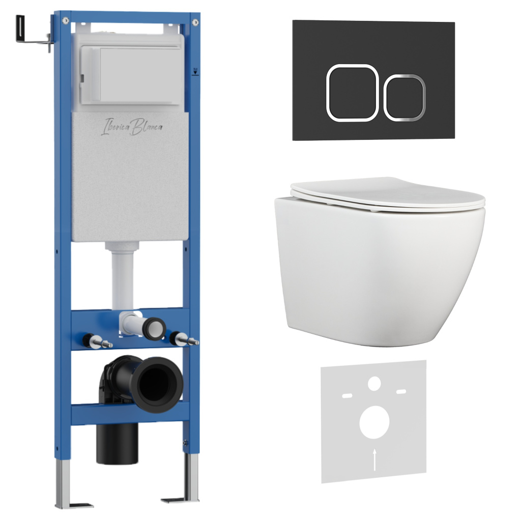 Комплект 3в1 IBERICA BLANCA инсталляция SILENCIO MINI, унитаз BILBAO ALTO белый, кнопка смыва ESTI-Q черный матовый (IB.001M.BLA.234.832)