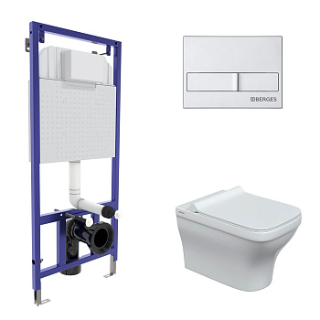 Комплект: инсталляция NOVUM кнопка L2 матовый хром, унитаз Strati Rimless, сиденье дюропласт Strati 