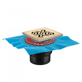 Трап водосток ZENTRUM Antik 150х150, золото глянец, выпуск D50/75/110 H74 вертикальный, BERGES