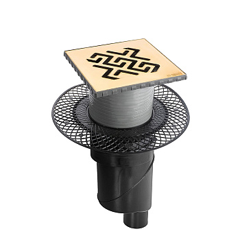 Трап водосток PLATZ Antik 150х150, золото глянец, S-сифон D50/105 H50 вертикальный, BERGES