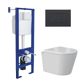 Комплект: инсталляция АТОМ кнопка черная Soft Touch, унитаз VITA Rimless 49 см, сиденье дюропласт ми