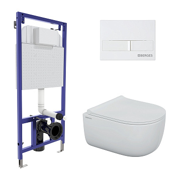 Комплект: инсталляция NOVUM кнопка белая L1, унитаз Ego Rimless , сиденье дюропласт Okus Slim SO, BE