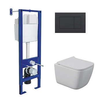 Комплект: инсталляция АТОМ кнопка черная SoftTouch, унитаз QUATTRO S Rimless 49 см, сидение дюроплас