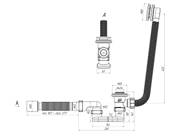 Сифон Ани для ванны клик-клак плоский с выпуском и переливом с г/т 375*40*50, (сетка) ANI PLAST