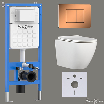 Комплект 3в1 IBERICA BLANCA инсталляция SILENCIO, унитаз BILBAO ALTO белый, кнопка смыва INOX-C розовое золото глянцевое (IB001.BLA.234.1141)