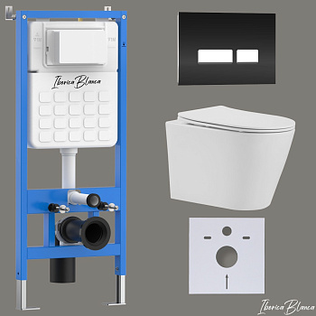 Комплект 3в1 IBERICA BLANCA инсталляция SILENCIO, унитаз BURGOS ALTO белый, кнопка смыва CRYSTAL-R черный глянцевый (IB001.BRA.234.2211)